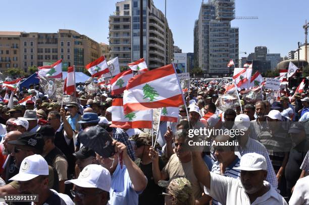 Retired soldiers gather to protest against the 2019 budget proposal in Beirut, Lebanon on July 16, 2019. Soldiers gathered at Martyrs' Square and...