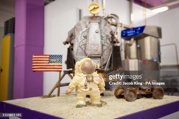 Chocolate recreation of the Apollo 11 moon landing at Cadbury World in Birmingham, to mark 50 years to the day since the US mission to put men on the...