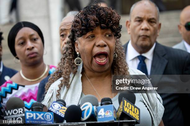 Gwen Carr, mother of the late Eric Garner, speaks to the press outside the U.S. Attorney's office following a meeting with federal prosecutors, July...