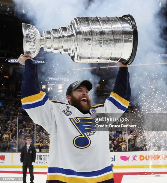 Alex Pietrangelo of the St. Louis Blues celebrates with the Stanley Cup after defeating the Boston Bruins in Game Seven to win the 2019 NHL Stanley...