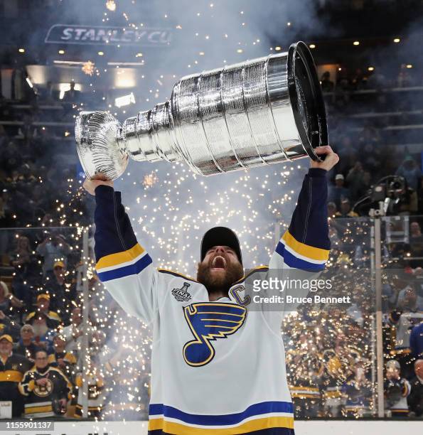 Alex Pietrangelo of the St. Louis Blues celebrates with the Stanley Cup after defeating the Boston Bruins in Game Seven to win the 2019 NHL Stanley...