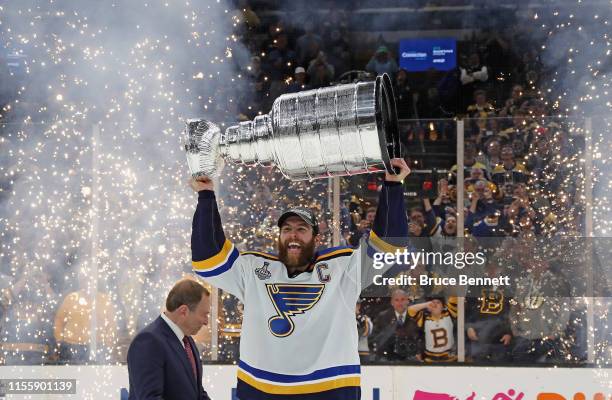 Alex Pietrangelo of the St. Louis Blues celebrates with the Stanley Cup after defeating the Boston Bruins in Game Seven to win the 2019 NHL Stanley...