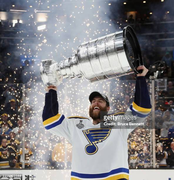 Alex Pietrangelo of the St. Louis Blues celebrates with the Stanley Cup after defeating the Boston Bruins in Game Seven to win the 2019 NHL Stanley...