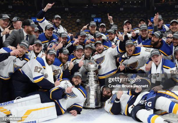 The St. Louis Blues celebrate after defeating the Boston Bruins in Game Seven to win the 2019 NHL Stanley Cup Final at TD Garden on June 12, 2019 in...