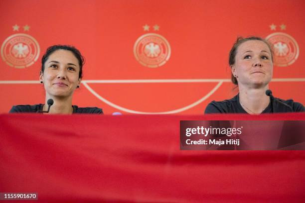Sara Doorsoun and Marina Hegering of Germany attend a press conference on June 14, 2019 in Montpellier, France.