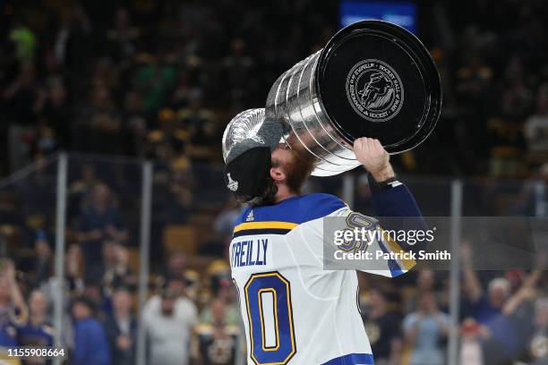 Ryan O'Reilly of the St. Louis Blues hoists the Stanley Cup after defeating the Boston Bruins, 4-1, to win Game Seven of the 2019 NHL Stanley Cup...