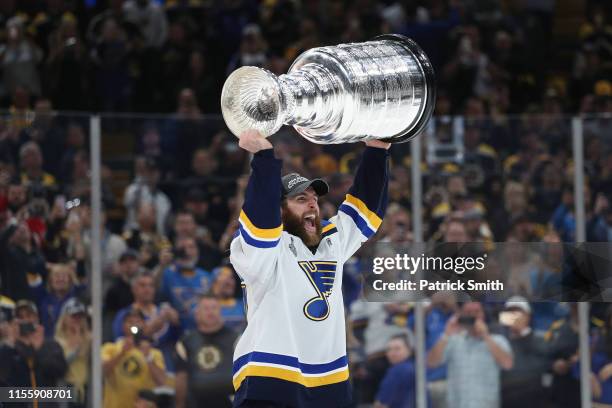 Alex Pietrangelo of the St. Louis Blues celebrates with the Stanley Cup after defeating the Boston Bruins in Game Seven to win the 2019 NHL Stanley...