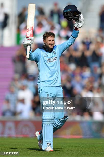 Joe Root of England celebrates reaching his century during the Group Stage match of the ICC Cricket World Cup 2019 between England and West Indies at...