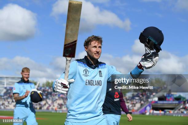 Joe Root of England acknowledges the crowd's support at the end of the Group Stage match of the ICC Cricket World Cup 2019 between England and West...