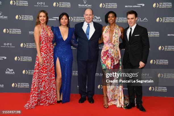 Jessica Alba, Marie Chevalier, Prince Albert II of Monaco, Gabrielle Union and Louis Ducruet attend the opening ceremony of the 59th Monte Carlo TV...