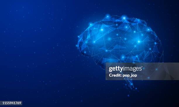 abstraktes vektorbild des menschlichen gehirns - dreidimensionale low-poly-illustration. umrisse, dreiecke, punkte. plexus. vorlagendesign auf dunkelblauem hintergrund. - nervenzelle stock-grafiken, -clipart, -cartoons und -symbole