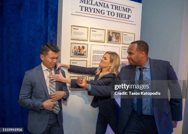 Ronny Chieng, Desi Lydic and Roy Wood Jr during The Daily Show With Trevor Noah Presents: The Donald J. Trump Presidential Twitter Library at The...