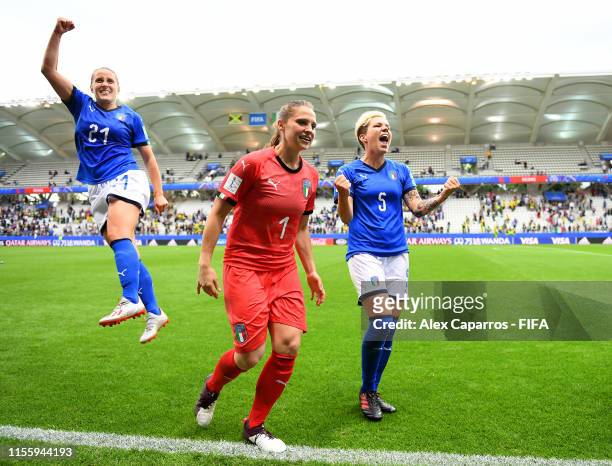 Valentina Cernoia, Laura Giuliani, and Elena Linari of Italy celebrate following their sides victory in the 2019 FIFA Women's World Cup France group...