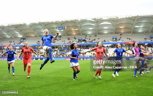 Italy players celebrate following their sides victory in the 2019 FIFA Women's World Cup France group C match between Jamaica and Italy at Stade...