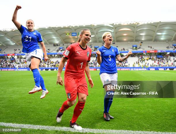 Valentina Cernoia, Laura Giuliani, and Elena Linari of Italy celebrate following their sides victory in the 2019 FIFA Women's World Cup France group...