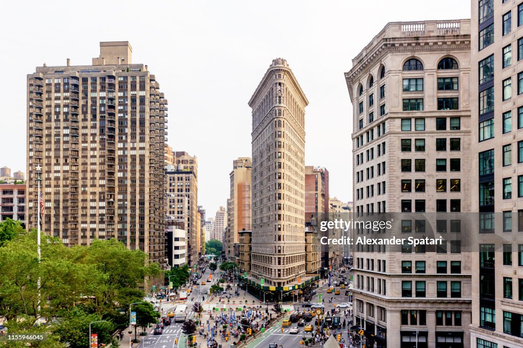 High angle view of street and Flatiron building in New York, Manhattan