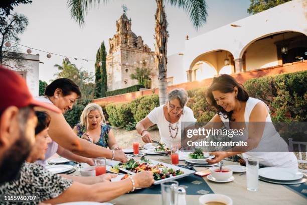 senior vrienden op garden party reunion - mexican food stockfoto's en -beelden