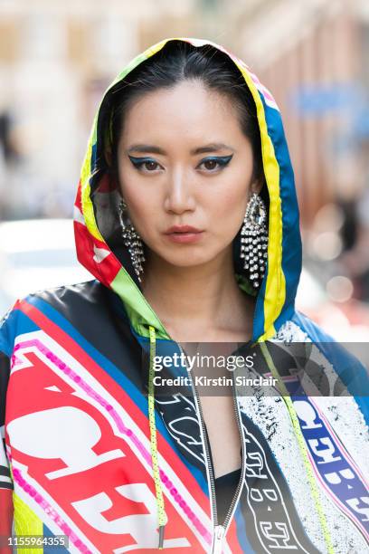 Model and Actress Betty Bachz wearing all Iceberg during London Fashion Week Men's June 2019 on June 08, 2019 in London, England.