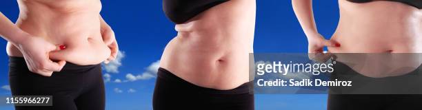 group of women showing fat section of their belly - fat hips stock pictures, royalty-free photos & images