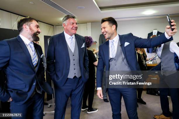 Ant Middleton, Sam Allardyce and Mark Wright attend the Matalan suit fitting for Soccer Aid at Chelsea Harbour Hotel on June 13, 2019 in London,...