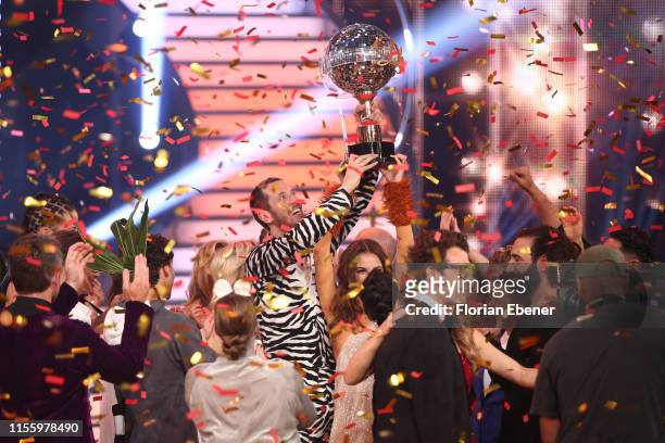 Winner Pascal Hens is seen on stage during the finals of the 12th season of the television competition "Let's Dance" on June 14, 2019 in Cologne,...