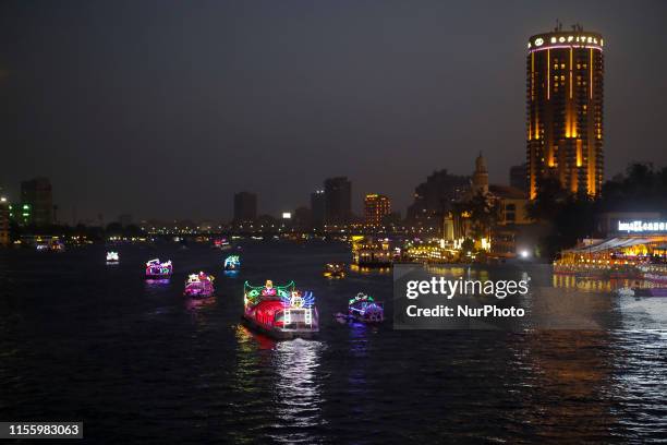 The light of the boats on the river Nile in the night of Cairo, Egypt on 12 July 2019 (photo by (Photo by