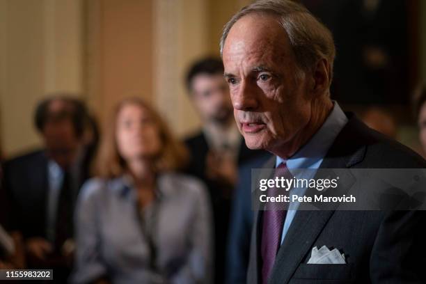 Senator Tom Carper , speaks to the media during a press conference following the Senate Republican Leadership lunches on July 16, 2019 in Washington,...