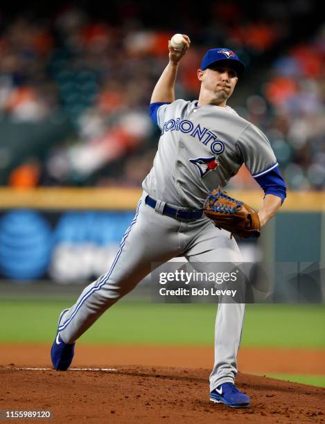 Aaron Sanchez of the Toronto Blue Jays pitches in the first inning against the Houston Astros at Minute Maid Park on June 14, 2019 in Houston, Texas.