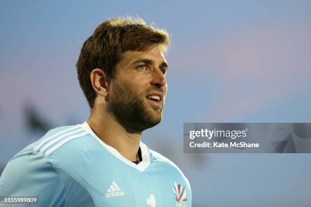 George Pinner of Great Britain looks on following the Men's FIH Field Hockey Pro League match between Great Britain and Netherlands at Lee Valley...