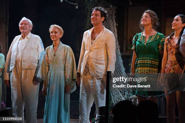 Julian Glover, Lia Williams, Clive Owen, Anna Gunn and Emma Canning bow at the curtain call during the press night performance of "The Night Of The...
