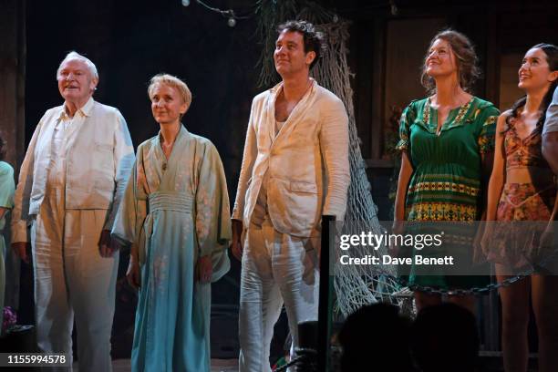 Julian Glover, Lia Williams, Clive Owen, Anna Gunn and Emma Canning bow at the curtain call during the press night performance of "The Night Of The...