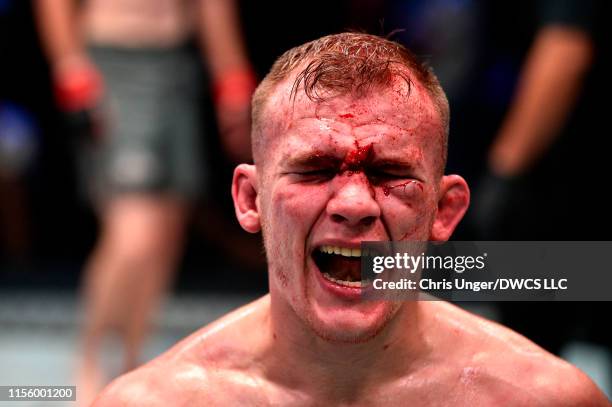 Kevin Syler of Bolivia reacts after defeating Lance Lawrence in their featherweight bout during Dana White's Contender Series at the UFC Apex on July...