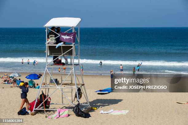 Shark flag waves in the air off a lifeguard station at Newcomb beach in Wellfleet, Massachusetts in Cape Cod on July 13, 2019. - On July 13 and 14...