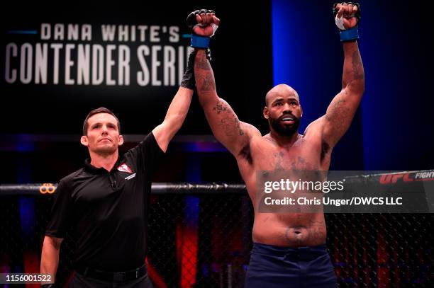 DonTale Mayes reacts after defeating Ricardo Prasel of Brazil in their heavyweight bout during Dana White's Contender Series at the UFC Apex on July...