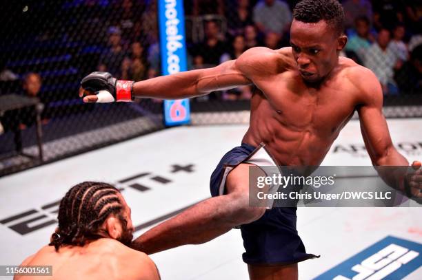Ode Osbourne of Jamaica kicks Armando Villarreal in their bantamweight bout during Dana White's Contender Series at the UFC Apex on July 16, 2019 in...