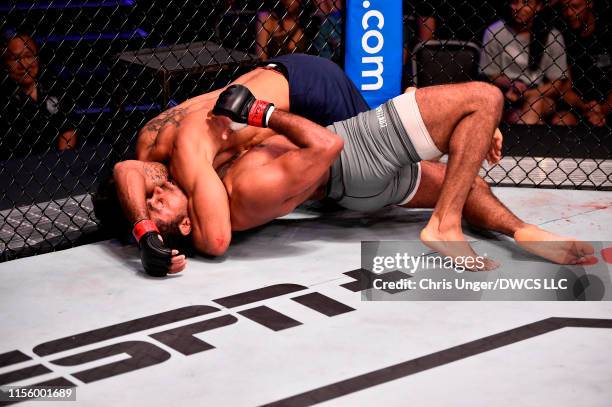 Antonio Arroyo of Brazil submits Stephen Regman in their middleweight bout during Dana White's Contender Series at the UFC Apex on July 16, 2019 in...