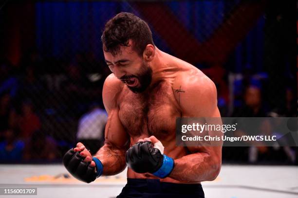 Antonio Arroyo of Brazil reacts after defeating Stephen Regman by submission in their middleweight bout during Dana White's Contender Series at the...