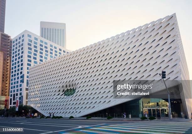 los angeles downtown- the broad museum at grand avenue with skyscrapers - los angeles county museum stock pictures, royalty-free photos & images