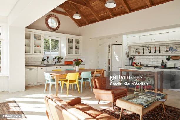 interior of kitchen & living room at home - modern apartment - fotografias e filmes do acervo