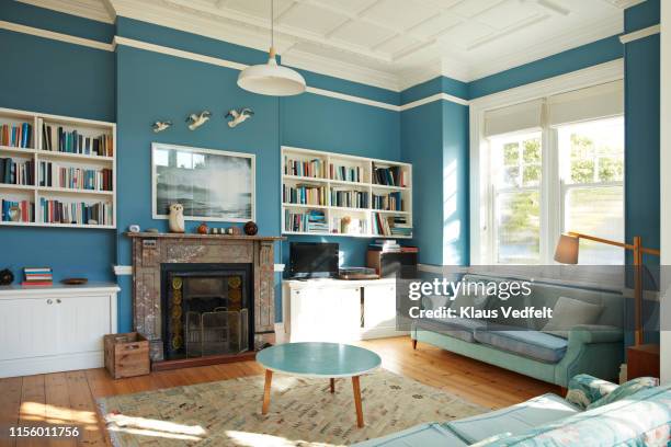 decorated living room at home - book shelf stockfoto's en -beelden