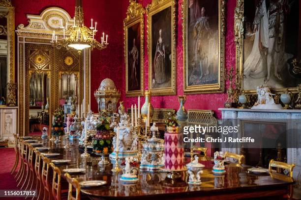 Recreation of a royal Victorian dinner in the State Dining Room at Buckingham Palace on July 17, 2019 in London, England. To mark the 200th...