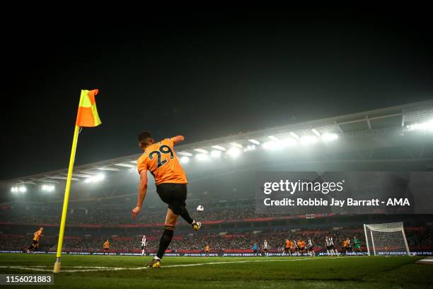 Ruben Vinagre of Wolverhampton Wanderers takes a corner during the Premier League Asia Trophy 2019 fixture between Newcastle United and Wolverhampton...