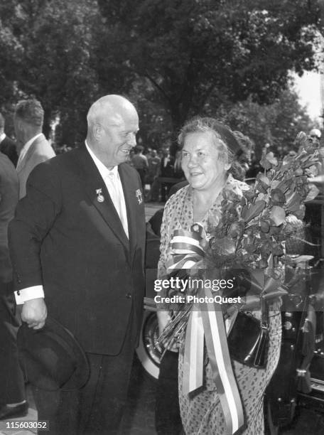 Soviet Premier Nikita Khrushchev smiles at his wife, Nina Khrushcheva as they arrive at Blair House, the US Governments official state guest house,...
