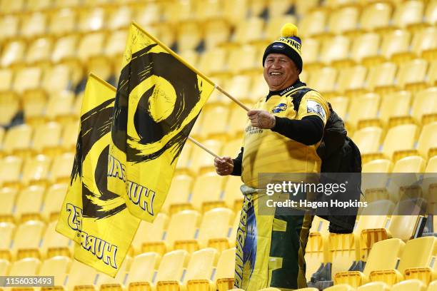 Hurricanes fan shows his support during the round 18 Super Rugby match between the Hurricanes and the Blues at Westpac Stadium on June 15, 2019 in...