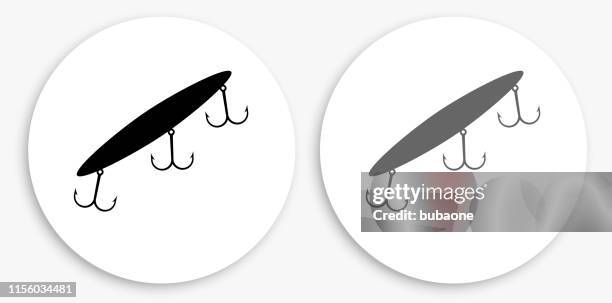 fishing hook black and white round icon - fishing hook white background stock illustrations