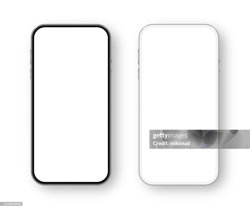 Smartphone moderno blanco y negro. Plantilla de teléfono móvil. Teléfono. Ilustración vectorial realista de dispositivos digitales