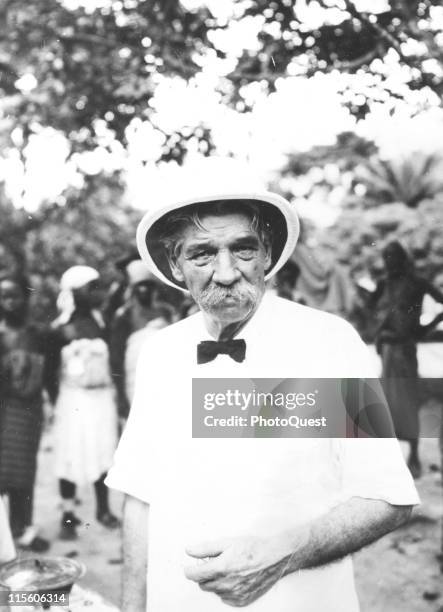 Portrait of German-born French medical missionary and theologian Dr. Albert Schweitzer at his mission, Lambarene, Gabon, May 1950.