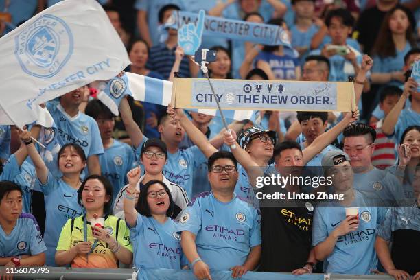 Fans of Manchester City reacts during the Premier League Asia Trophy 2019 match between West Ham United and Manchester City on July 17, 2019 in...