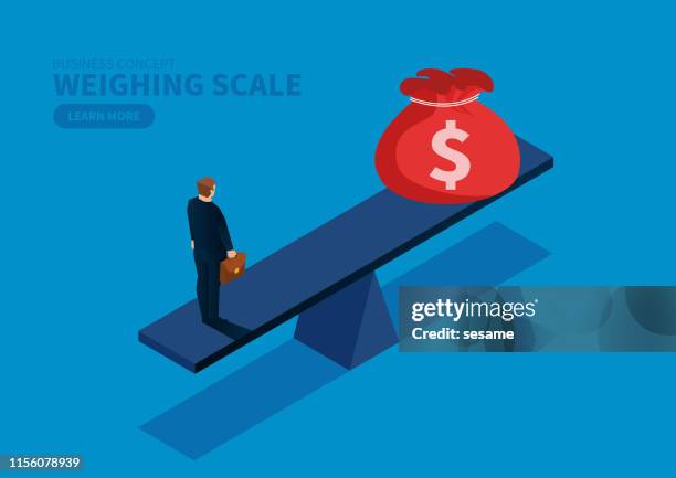 businessman and money bag balancing on the seesaw - seesaw stock illustrations