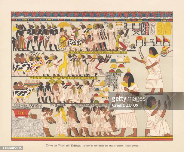 ilustrações, clipart, desenhos animados e ícones de homenagens de tribos africanas, tebas, qurnet murrai, cromolitografia, publicado em 1879 - tomb paintings egypt